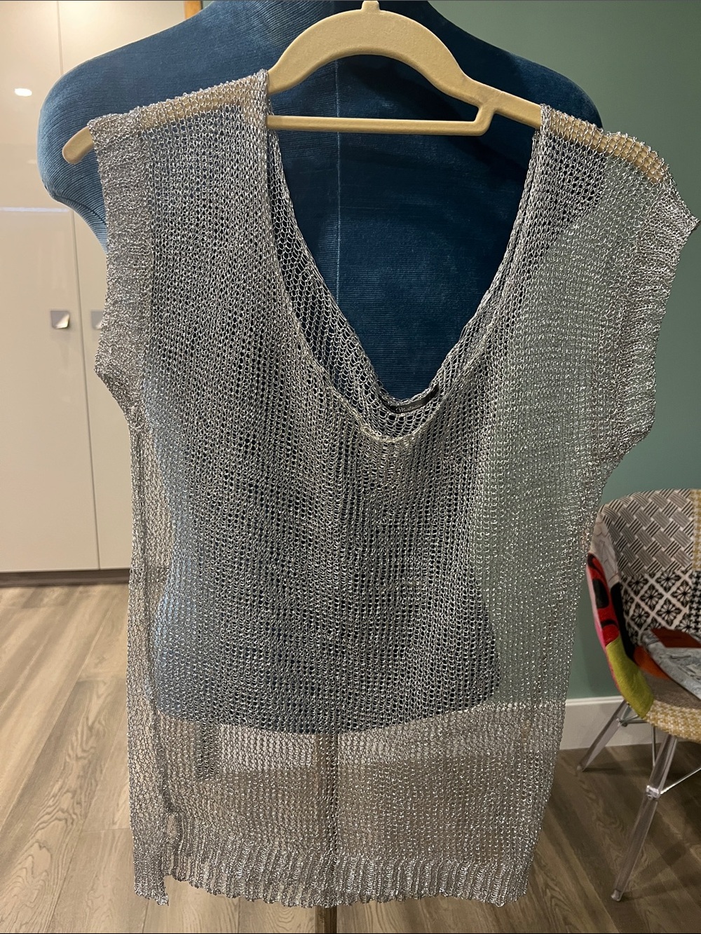 Sheer Metallic Knit Tunic Top - Silver
